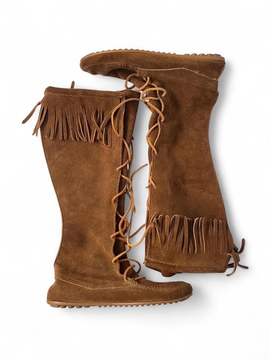 Minnetonka Shoes - Minnetonka Brown Suede Fringe Lace-Up Over-the-Knee Boots